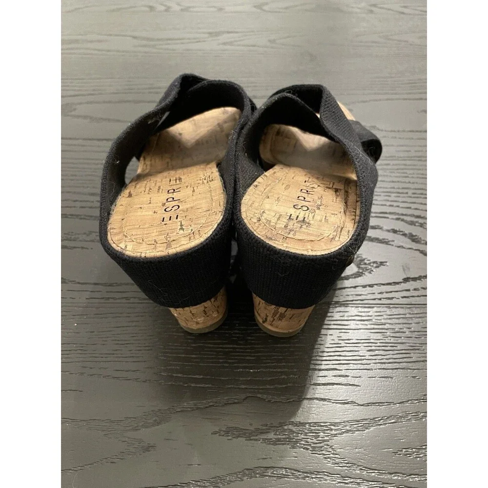 Espirit Women's Oceane Black Cork Wedge Heels‎ Open Toe Slip On Size 7.5